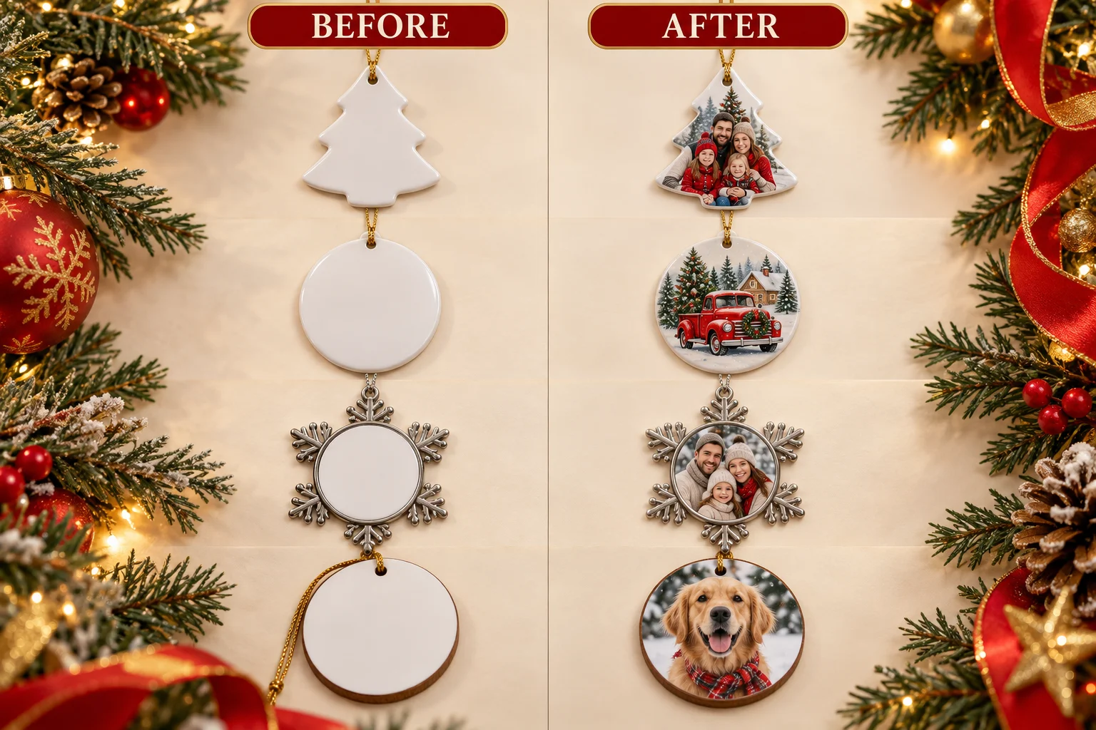 Illustrative blank and personalized ceramic, wood and metal Christmas ornament examples