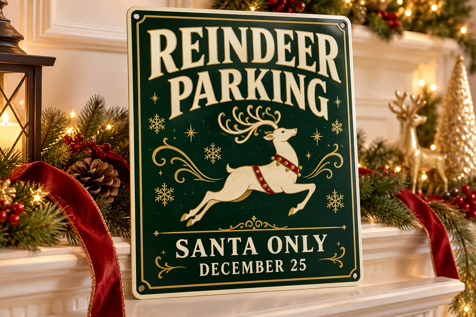 Illustrative green and gold Reindeer Parking Christmas metal sign